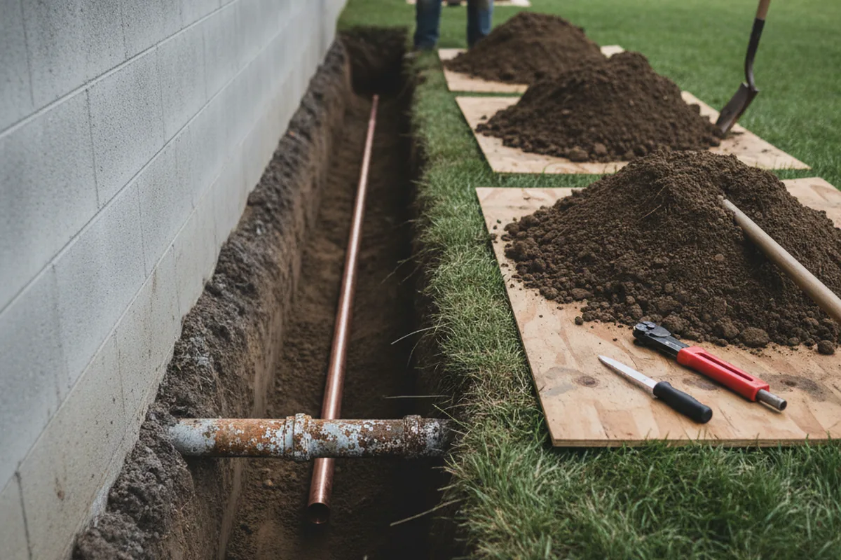 Excavated water line trench during Sewer Line Repair in Whiteside